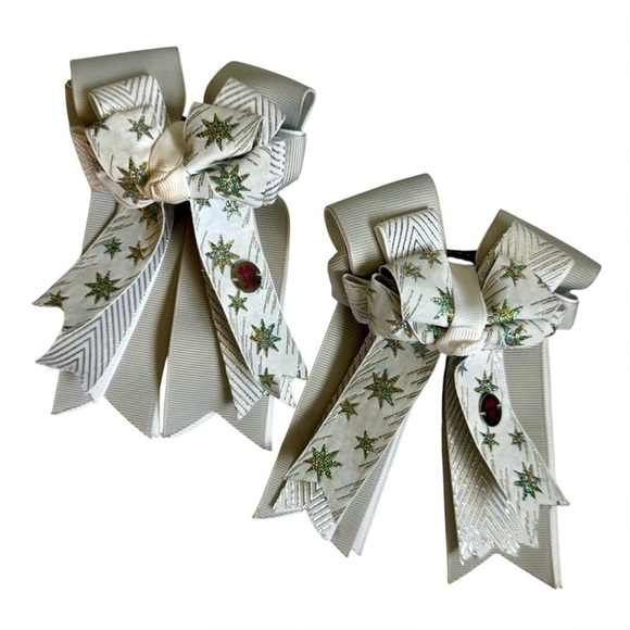 2 Metallic Silver Glitter Star Show Bows Hair Clips Cheer Pageant Accessory - Picture 1 of 5